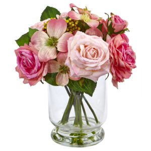 10 Inch Rose and Berry Floral Arrangement Pink Textured Roses Glass Vase
