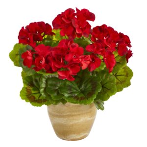 11 Inch UV Resistant Artificial Geranium Plant in Ceramic Planter Indoor