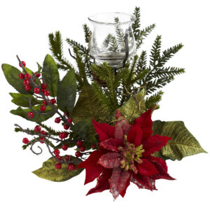 11 Inch Poinsettia Candelabrum Holiday Centerpiece Decoration Pine Berries
