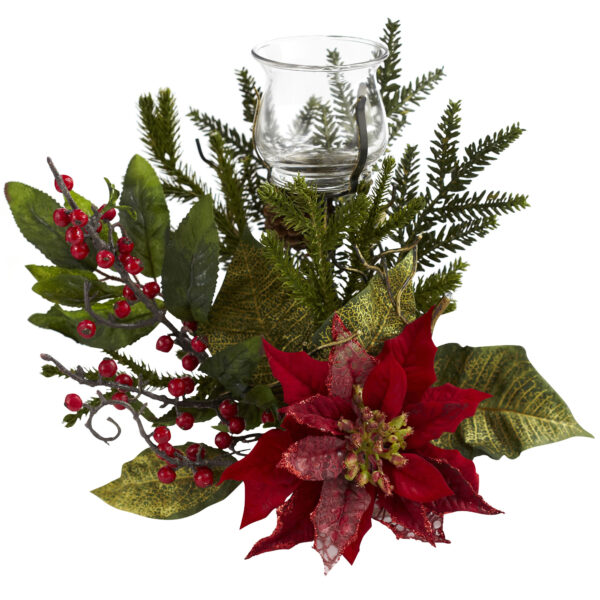 11 Inch Poinsettia Candelabrum Holiday Centerpiece Decoration Pine Berries