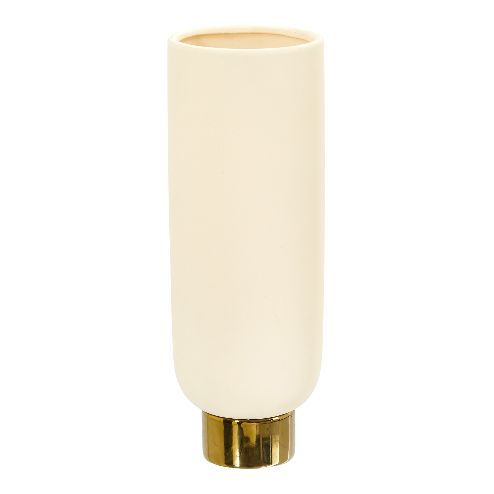12.75 Inch Ceramic Cylinder Vase Cream with Gold Base Elegant Decor