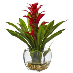 12 Inch Bromeliad Plant Arrangement in Square Glass Vase with Pebbles