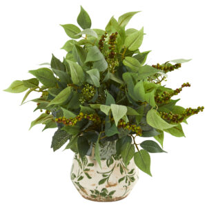 13 Inch Mixed Ficus Fittonia Plant with Berries Artificial Floral Vase Decor