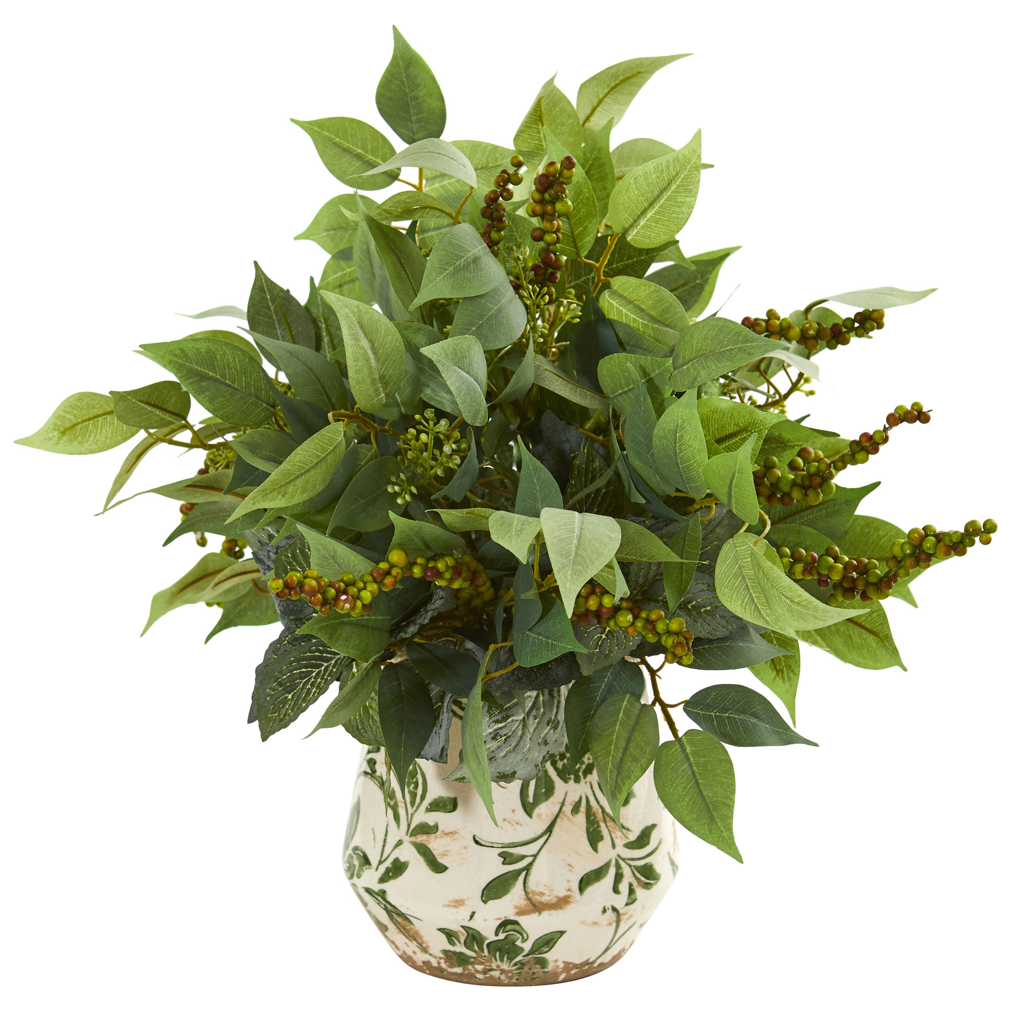 13 Inch Mixed Ficus Fittonia Plant with Berries Artificial Floral Vase Decor