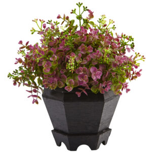 13 Inch Sedum and Eucalyptus Plant with Black Wooden Planter Fall Decor