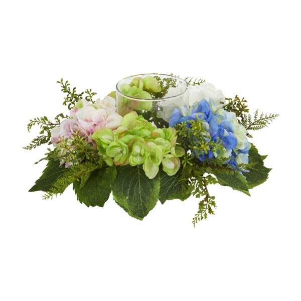 14 Inch Artificial Hydrangea Candelabrum with Clear Candle Holder Multicolor