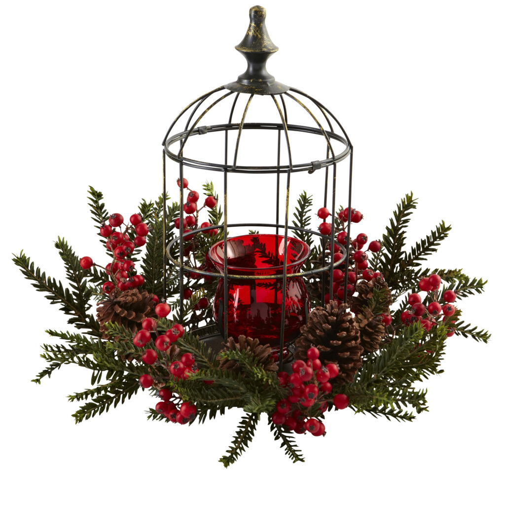 15 Inch Pine Berry Birdhouse Candelabrum Holiday Decoration Deep Red