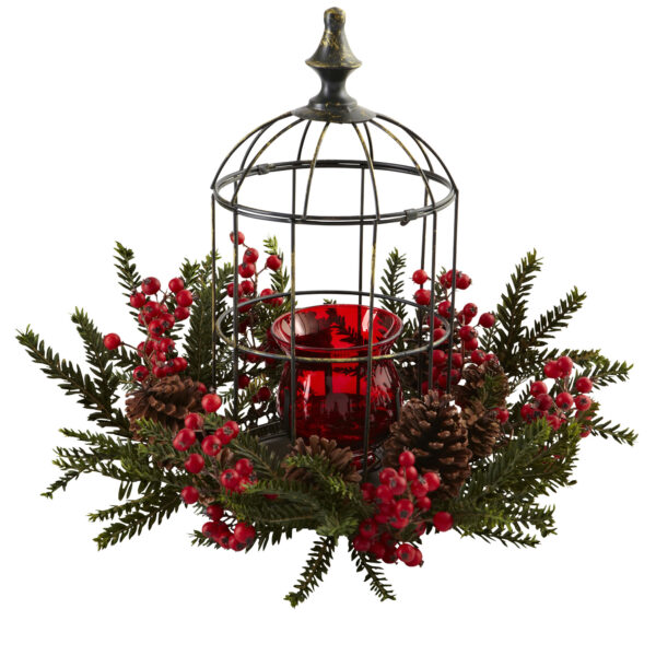 15 Inch Pine Berry Birdhouse Candelabrum Holiday Decoration Deep Red