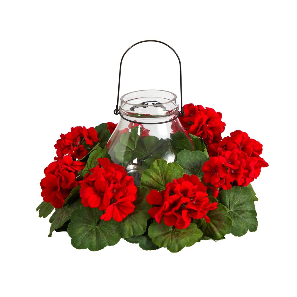 16 Inch Artificial Geranium Candelabrum Red Flowers Green Leaves Decor