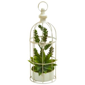16 Inch Artificial Succulent Garden Plant in White Birdcage Home Decor