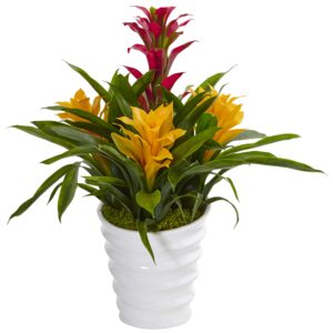 17 Inch Faux Bromeliad Plant in White Swirl Vase with Green Fronds Yellow Red
