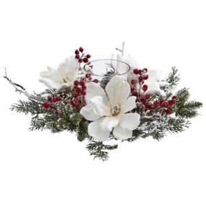 17 Inch Frosted Magnolia Berry Candelabrum Winter Candle Centerpiece Decor
