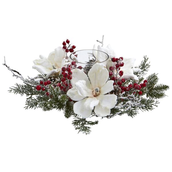 17 Inch Frosted Magnolia Berry Candelabrum Winter Candle Centerpiece Decor