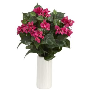 18 Inch Bougainvillea Artificial Plant Pink Flowers White Planter