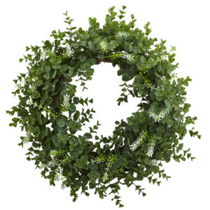 18 Inch Eucalyptus Double Ring Wreath with Twig Base Green Leaves White Flowers