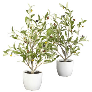 18 Inch Mini Olive Tree Set of 2 Artificial Plants with White Vase and Faux Soil