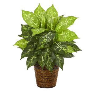 19 Inch Diffenbachia Artificial Plant Green Silk Leaves in Basket Planter