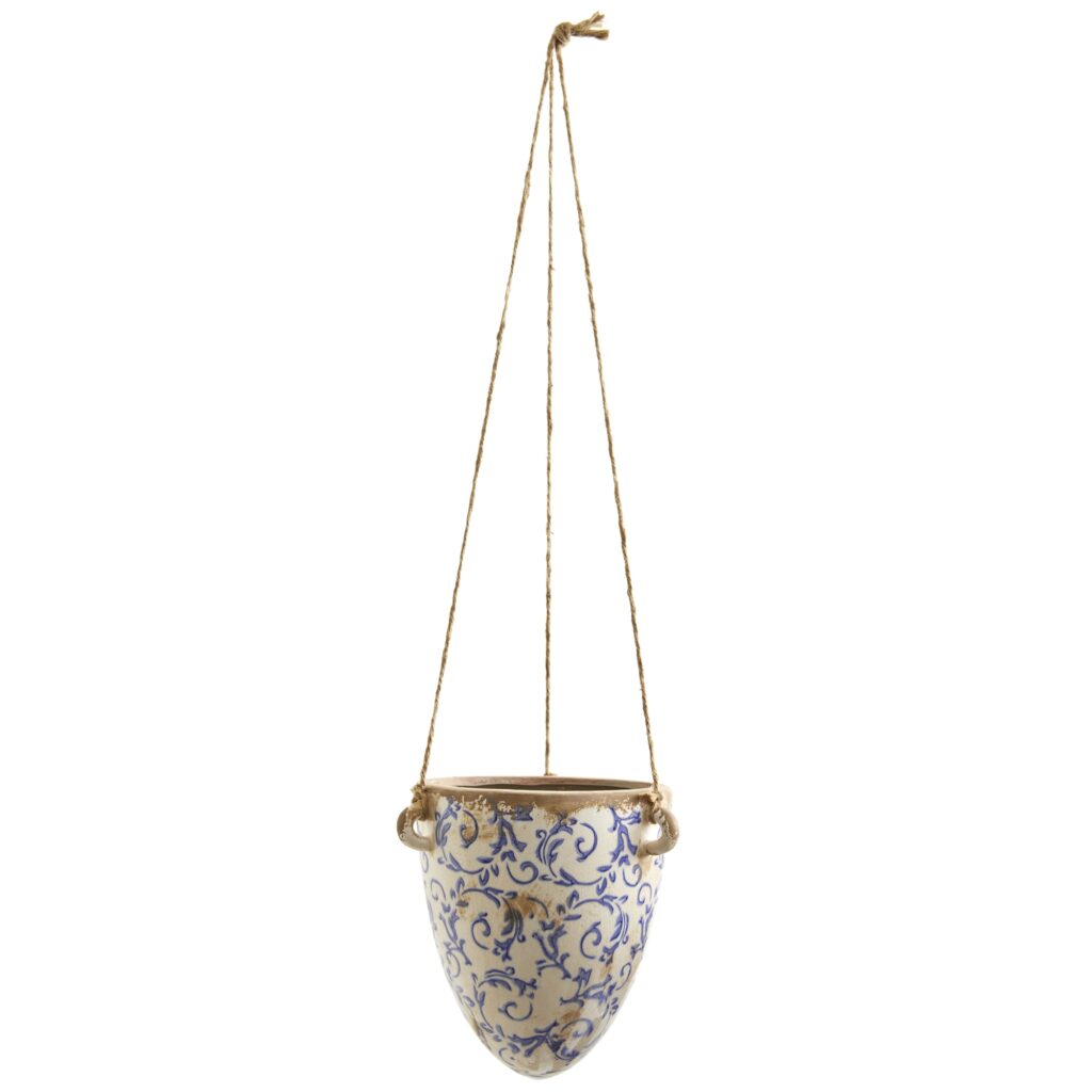 Tuscan Hanging Ceramic Scroll Planter 2 Ft Rope Rustic Indoor Pot
