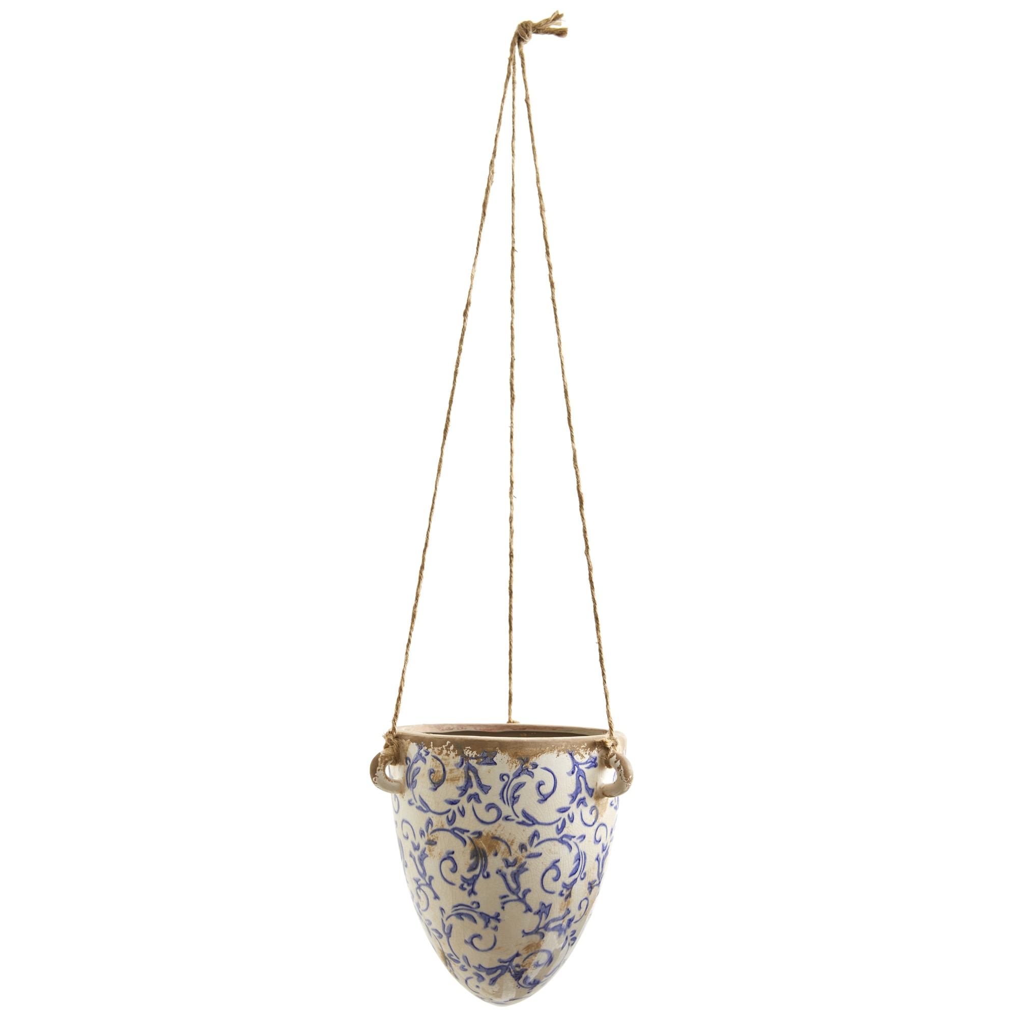Tuscan Hanging Ceramic Scroll Planter 2 Ft Rope Rustic Indoor Pot