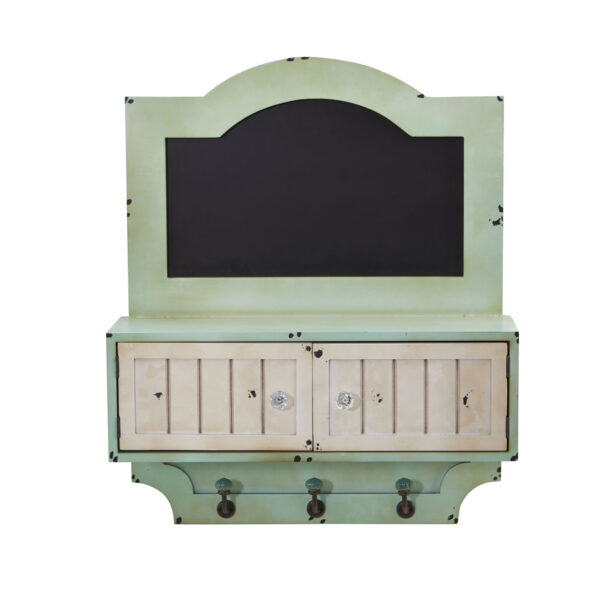 21.5 Inch Vintage Chalkboard Wall Organizer Light Green With Doors and Hooks