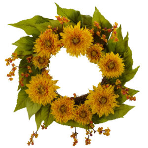22 Inch Golden Sunflower Wreath With Twig Base and Green Foliage Home Decor