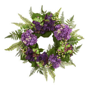 24 Inch Hydrangea Berry Wreath Artificial Green Leaves Purple Berries