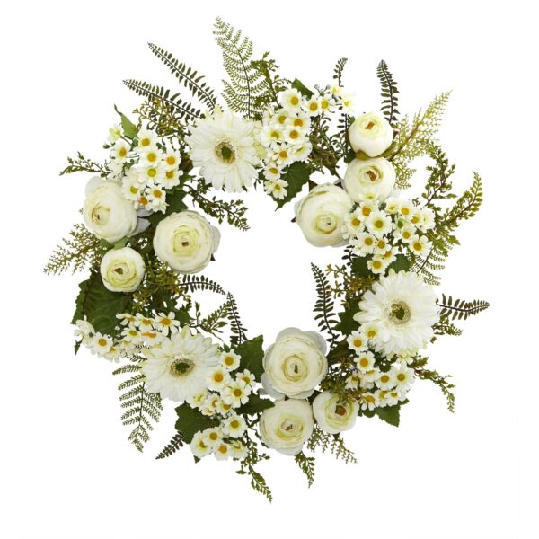 24 Inch Mixed Daisy and Ranunculus Wreath Artificial White Blooms Green Leaves