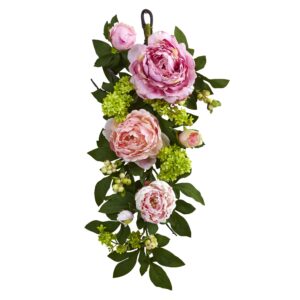 24 Inch Peony Teardrop Artificial Floral Arrangement Pink Hydrangea