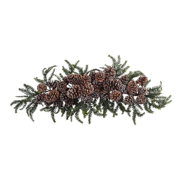 28 Inch Iced Pine Cone Swag Holiday Decor Green Foliage Table Accent