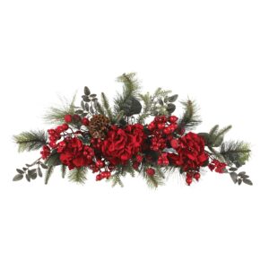 30 Inch Holiday Hydrangea Swag Crimson Red Evergreen Pinecones Festive Decor