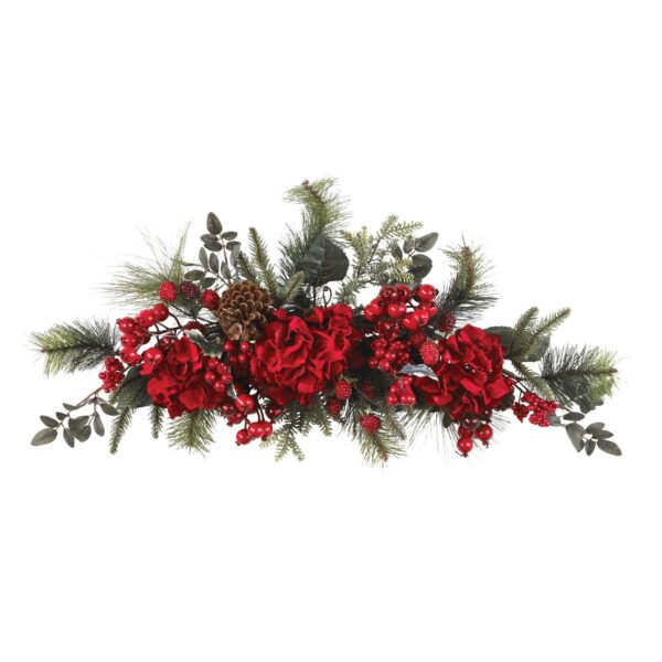 30 Inch Holiday Hydrangea Swag Crimson Red Evergreen Pinecones Festive Decor