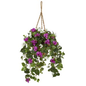 30 Inch Mixed Bougainvillea Artificial Plant Hanging Basket Purple White