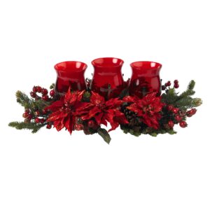 30 Inch Poinsettia Berry Triple Candelabrum Holiday Centerpiece Red Candle