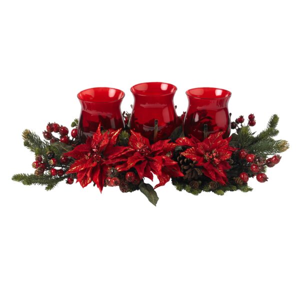 30 Inch Poinsettia Berry Triple Candelabrum Holiday Centerpiece Red Candle