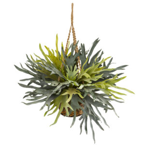 30" Artificial Staghorn Hanging Basket Faux Plant with Wavy Leaves 35" Wide
