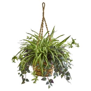 30 Inch Wandering Jew and Spider Artificial Hanging Plant Basket Purple Green