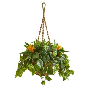 31 Inch Bromeliad and Pothos Artificial Plant Hanging Basket Green Decor