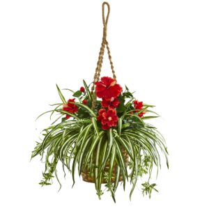 31 Inch Artificial Hibiscus and Spider Plant Hanging Basket with Red Flowers