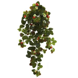 31 Inch Strawberry Hanging Bush Set of 2 Red Berries Cream Flowers Decor