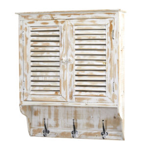 32 Inch White Washed Wall Cabinet with Hooks Rustic Bathroom Storage
