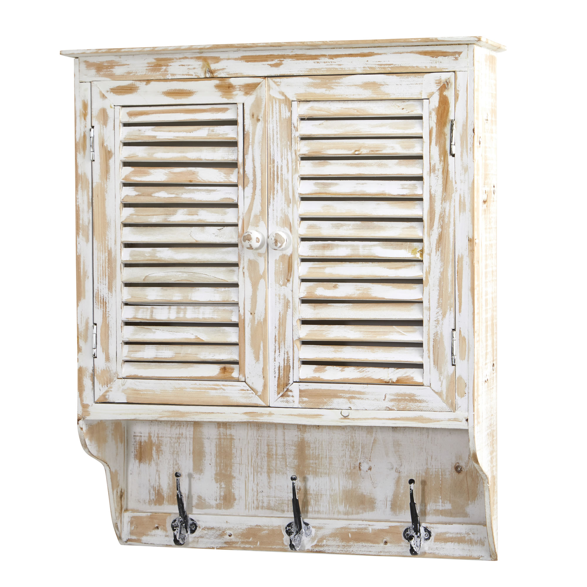32 Inch White Washed Wall Cabinet with Hooks Rustic Bathroom Storage