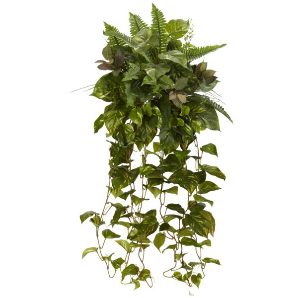 36 Inch Mixed Greens Artificial Hanging Plant Set of 2 Boston Fern Myrtle Leaves