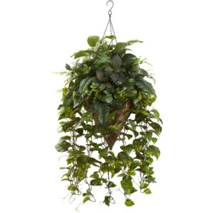 36 Inch Vining Mixed Greens Cone Hanging Basket Artificial Lush Greenery Decor