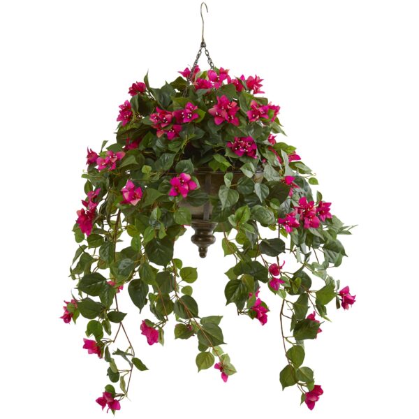 37 Inch Bougainvillea Artificial Plant Hanging Metal Bowl Realistic Leaves