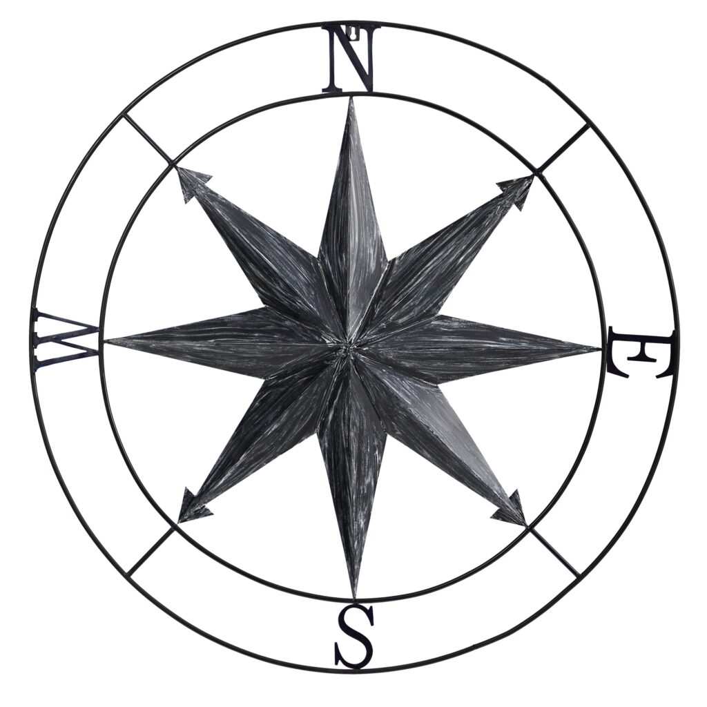 40 Inch Washed Metal Nautical Compass Wall Art Decor Coastal Style