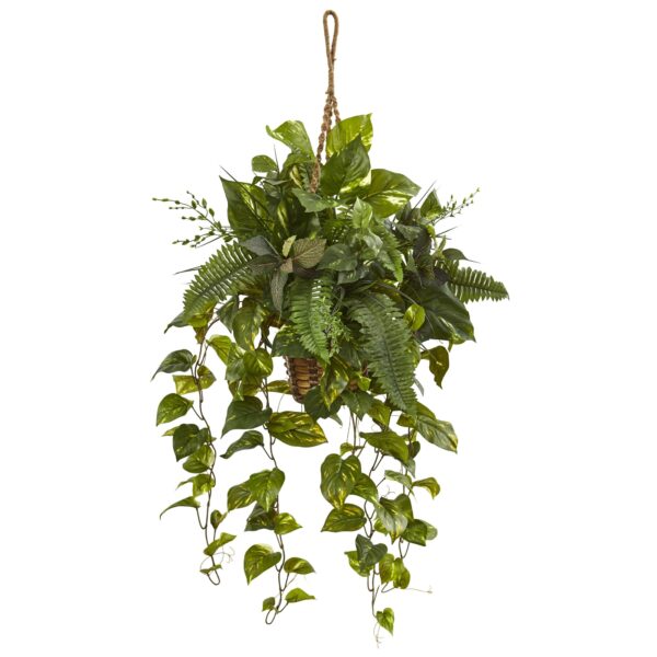 46 Inch Mixed Pothos and Boston Fern Faux Hanging Basket Lifelike Decor