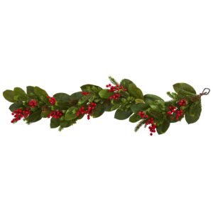 5 Foot Magnolia Leaf Berry and Pine Artificial Garland Festive Decoration