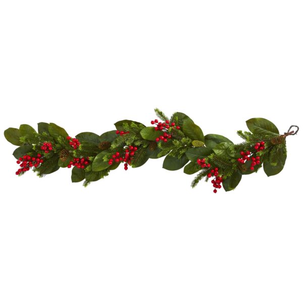 5 Foot Magnolia Leaf Berry and Pine Artificial Garland Festive Decoration