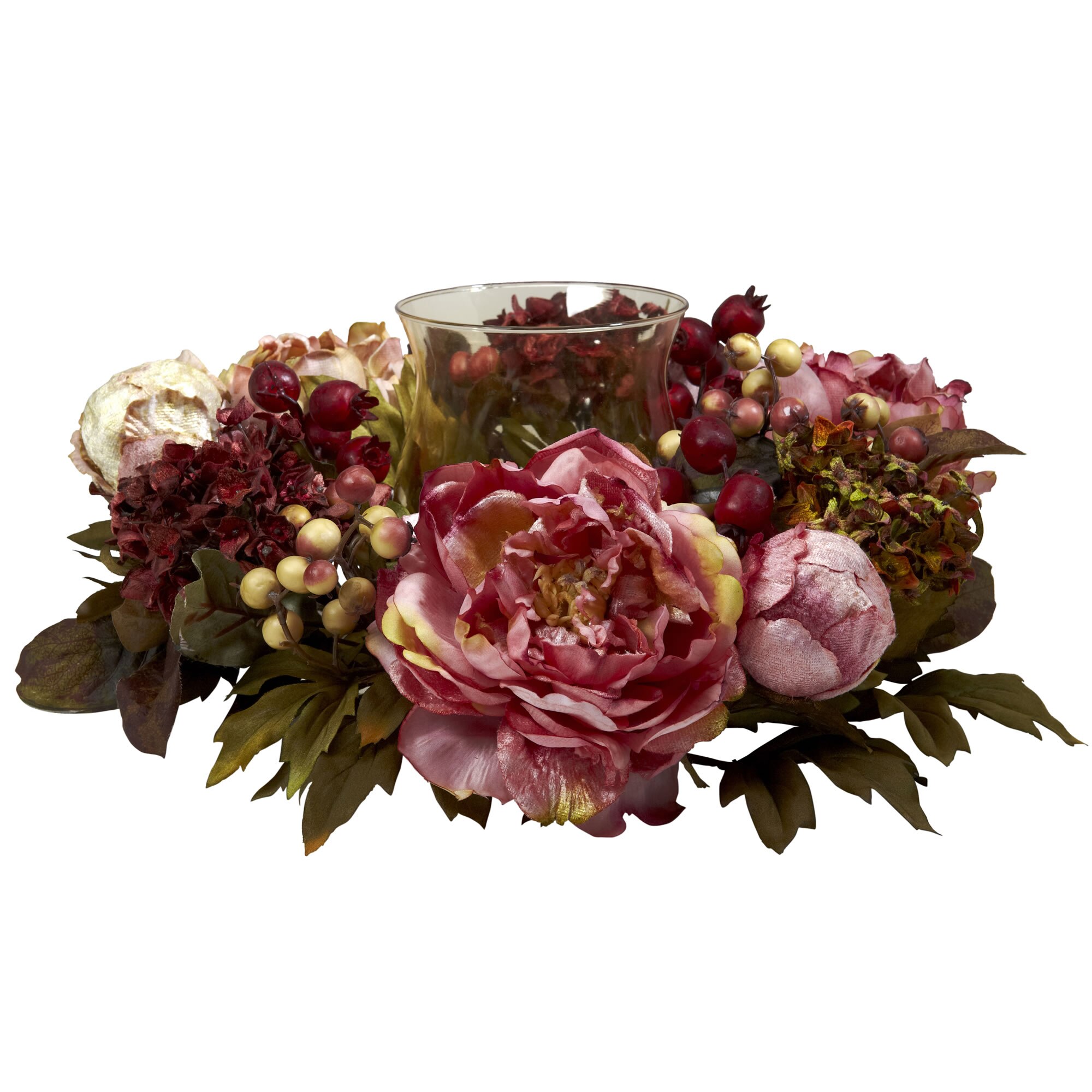 6.5 Inch Peony Hydrangea Candelabrum Floral Candle Centerpiece with Glass Holder