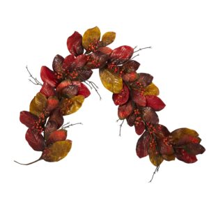 6 Ft Autumn Magnolia Leaf Artificial Garland with Realistic Berries Fall Decor